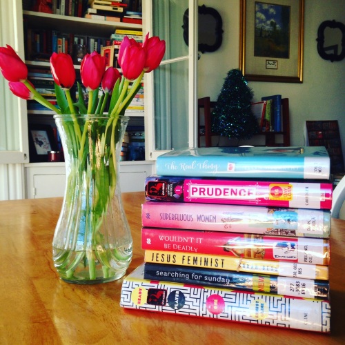 library book stack tulips